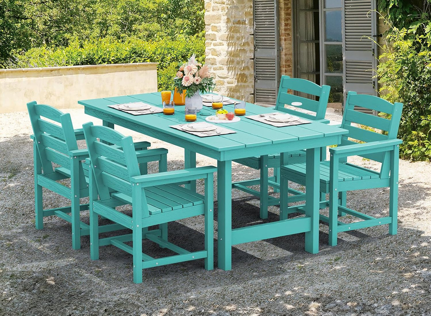 SERWALL 6-Person Outdoor Dining Table - 67" Rectangle HDPE Patio Table with Center Umbrella Hole, Weatherproof, Aruba