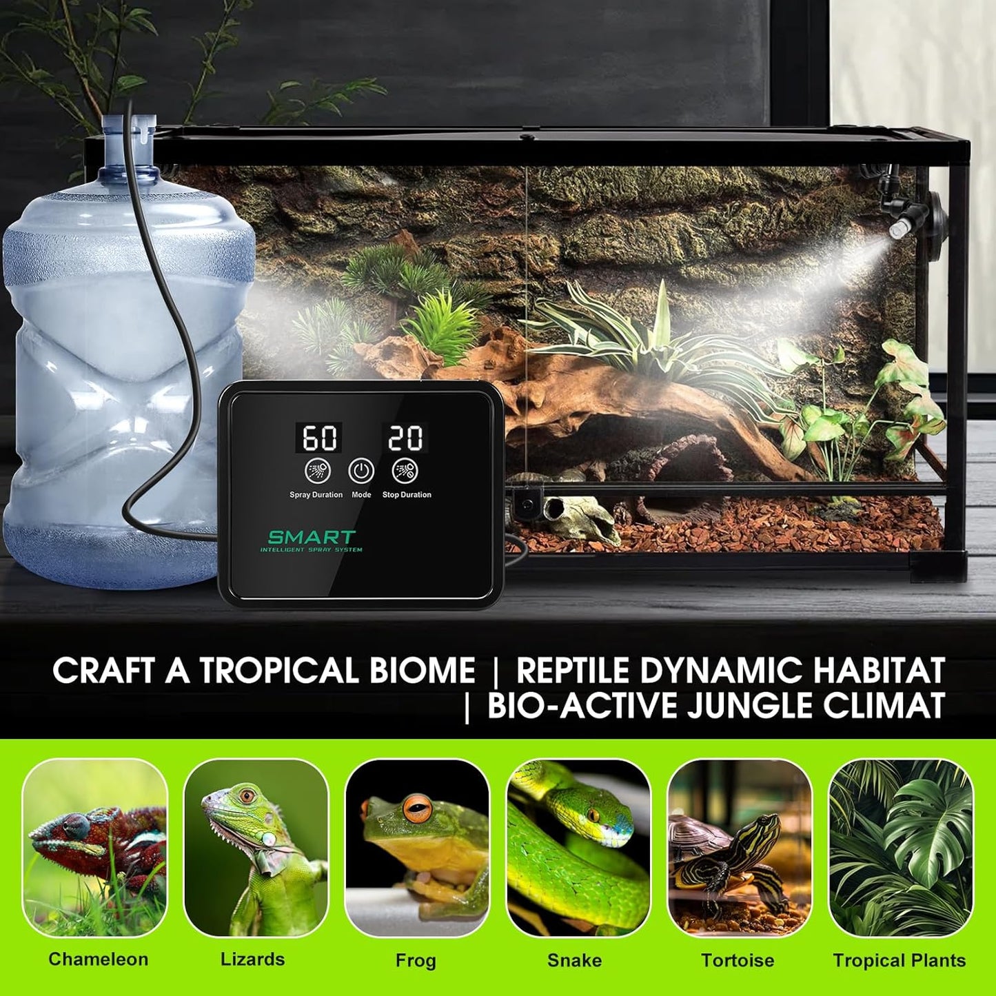 Reptile Humidifier Reptile Mister System with Timer & 360° Nozzles, Chameleons, Snakes, Frogs Misting for Terrarium, Auto Misting for Terrariums, Adjustable Nozzles & Quiet Operation