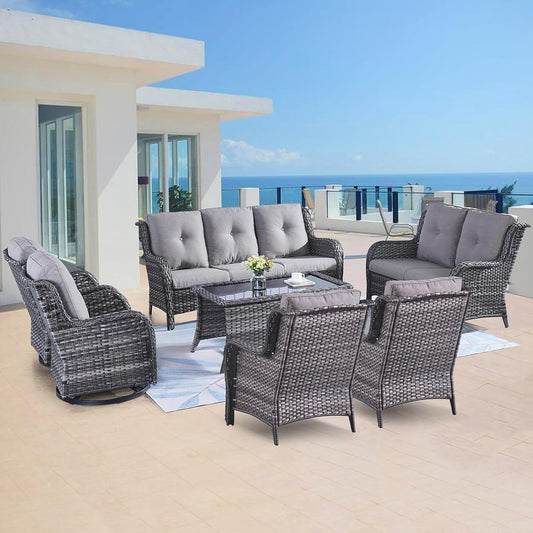Outdoor Wicker Furniture Patio Set - 7 Piece Backyard Furniture Grey Rattan Conversation Sets with Swivel Rocker Chairs, Rattan Sofa, Club Chairs and Coffee Table, Grey Cushion