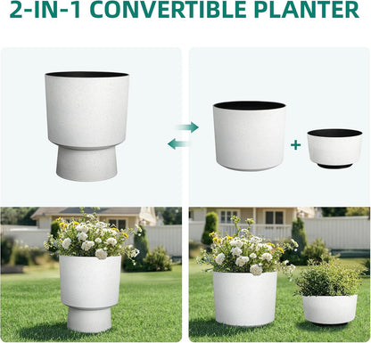 16.75"H Urn-Style Tall Planters, 2-Pack Modern Large Flower Pots for Outdoor Indoor, 2-in-1 Design Plant Containers for Garden Patio Yard Balcony Porch or Home Decor, White Terrazzo, UV-Protect