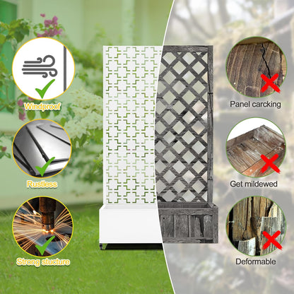 FENCY Metal Raised Garden Bed with Wheels and Trellis,73"x35"x16" Planter Box for Climbing Plants, Vegetables & Vines, Features Privacy Screen and Drainage Holes (White-Square)