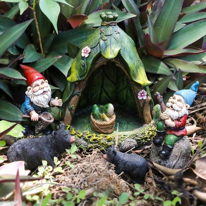 BangBangDa Outdoor Miniature Gnome Garden Kit- Fairy Houses Village Accessories Set Fishing Gnome Figurines Statue Patio Cake Topper Decor for Boy Girl Mother Girlfriend Birthday Gifts