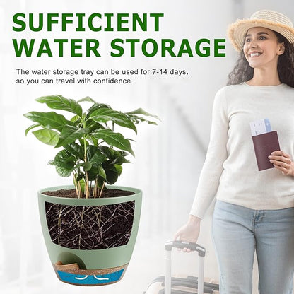 Plant Pots 10/9/8/7.5/7 Inch Self Watering Pots, Set of 5 Plastic Planters with Drainage Holes and Saucers,Plastic Flower Pots,Nursery Planting Pot for Indoor Out Door Plants（Green）