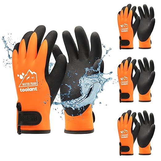 toolant 100% Waterproof Gloves Bulk for Cold Weather, 3 Pairs, Winter Work Gloves for Men Touchsreen, Warm Freezer Gloves, Thermal Insulated, With Grip, Orange, Lagre
