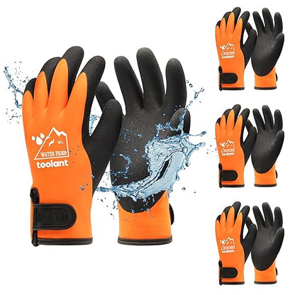 toolant 100% Waterproof Gloves Bulk for Cold Weather, 3 Pairs, Winter Work Gloves for Men Touchsreen, Warm Freezer Gloves, Thermal Insulated, With Grip, Orange, Lagre