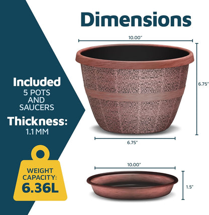 10-Inch Whiskey Barrel Planters Outdoor Pack of 5 - Durable Plastic Plant Pots for Indoor & Outdoor Use with Drainage & Saucer, Lightweight Rustic Barrel Planters for Flowers, Herbs & Small Plants