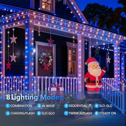 4 Pack 180FT Solar Christmas Lights Outdoor Waterproof, Super Bright 320 LED Solar String Lights with 8 Lighting Modes, Green Wire Twinkle Tree Light for Outside Xmas Party Decorations(Blue and White)