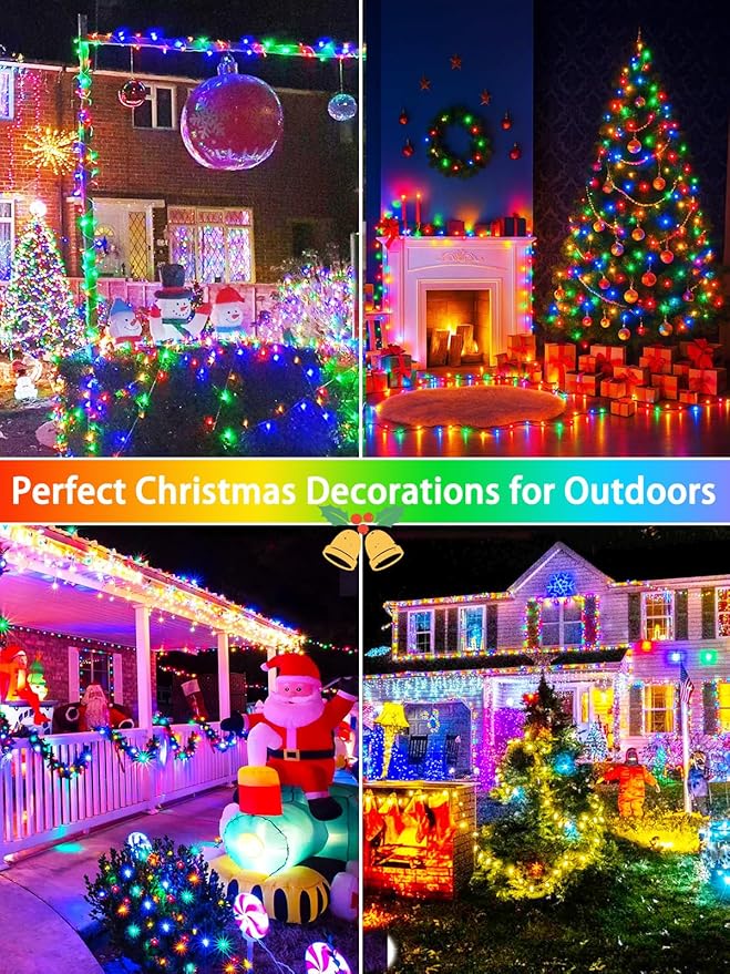 4 Pack 180FT Solar Christmas Lights Outdoor Waterproof, Super Bright 320 LED Solar String Lights with 8 Lighting Modes, Green Wire Twinkle Tree Light for Outside Xmas Party Decorations (Multi-Colored)
