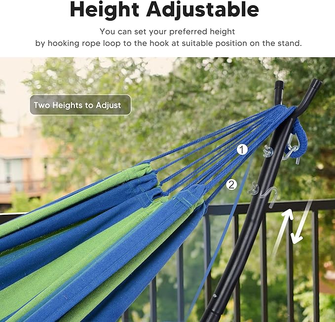SUNCREAT Portable Outdoor Hammock with Stand Included, Double Hammock with Stand for Outside, Blue & Green Stripes