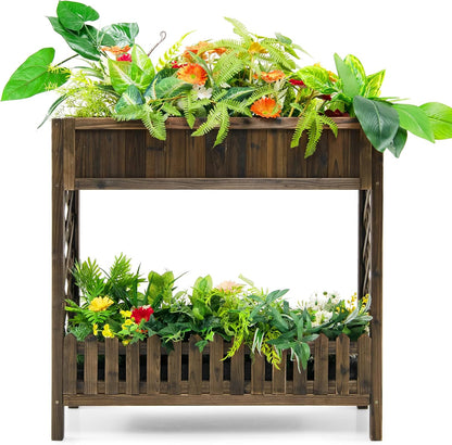 S AFSTAR 2-Tier Raised Garden Bed, Indoor Outdoor Flower Bed with Bottom Shelf Fence, 35.5” H Wood Elevated Planter Box for Vegetable Flower Herb Succulent, Ideal for Patio Balcony Backyard