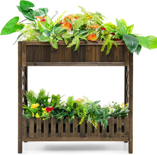 S AFSTAR 2-Tier Raised Garden Bed, Indoor Outdoor Flower Bed with Bottom Shelf Fence, 35.5” H Wood Elevated Planter Box for Vegetable Flower Herb Succulent, Ideal for Patio Balcony Backyard