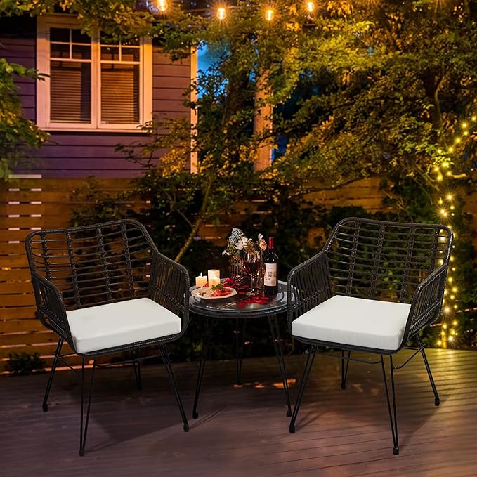 3 Piece Wicker Patio Bistro Furniture Set, Includes 2 Rattan Chairs and Glass Top Table, Ideal for Porch, Outdoor, Backyard, Apartment, Balcony, Black