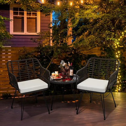 3 Piece Wicker Patio Bistro Furniture Set, Includes 2 Rattan Chairs and Glass Top Table, Ideal for Porch, Outdoor, Backyard, Apartment, Balcony, Black