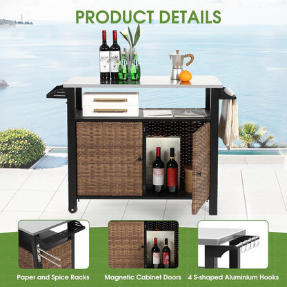 HOMEFUN Kitchen Island Cart Wicker Grill Prep Station & Stainless Steel Outdoor Serving Bar Table with Hooks Wheels Poolside Patio Grassland (Large)