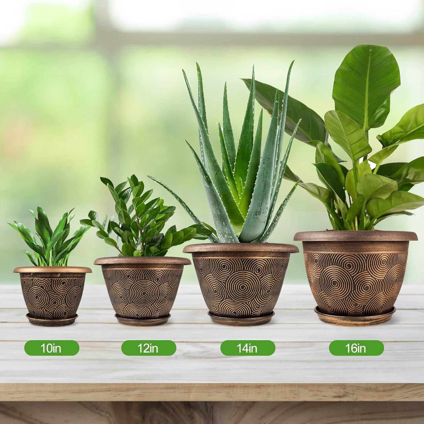 16 Inch Large Planter Pot for Plants Indoor Outdoor, 4 Pack Plastic Flower Pots with Drainage Hole & Tray, Modern Decorative Garden Pot with Saucer, Plant Container for House