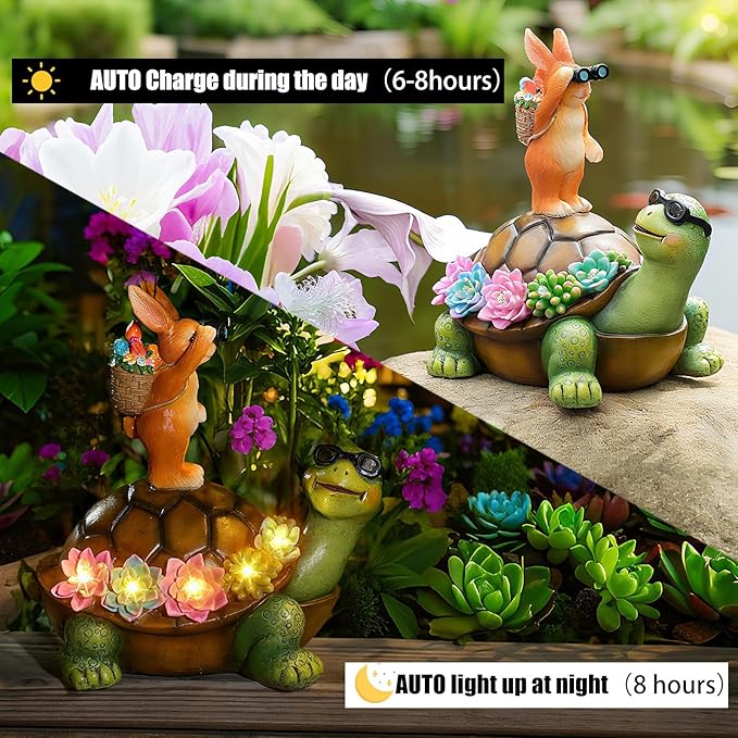 Solar Turtle Garden Statue with Bunny and LED Succulent Flowers – Outdoor Lawn Decor with Lights, Cute Animal Yard Ornament for Patio, Pathway, or Garden Gift (Turtle)