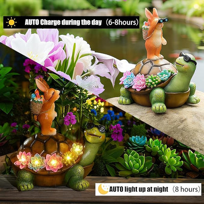 Solar Turtle Garden Statue with Bunny and LED Succulent Flowers – Outdoor Lawn Decor with Lights, Cute Animal Yard Ornament for Patio, Pathway, or Garden Gift (Turtle)