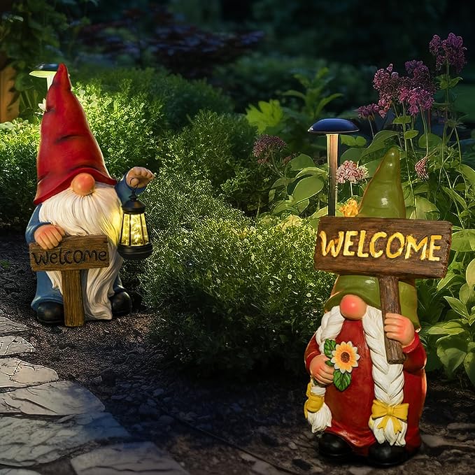 22" Solar Large Gnome Lady Garden Statue Big Female Gnome with Welcome Sign Outdoor Decor with LED Lights Home Porch Yard Patio Lawn Ornament Christmas Housewarming Gardening Gift