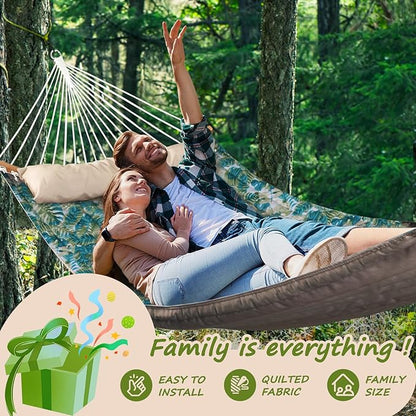 Double Hammock, 11 FT Quilted Fabric 2 Person Hammock for Outside with Pillow, Folding Curved Spreader Bar, Chains, Carrying Bag, Indoor Outdoor, 450 IB Capacity, BlueLeaves