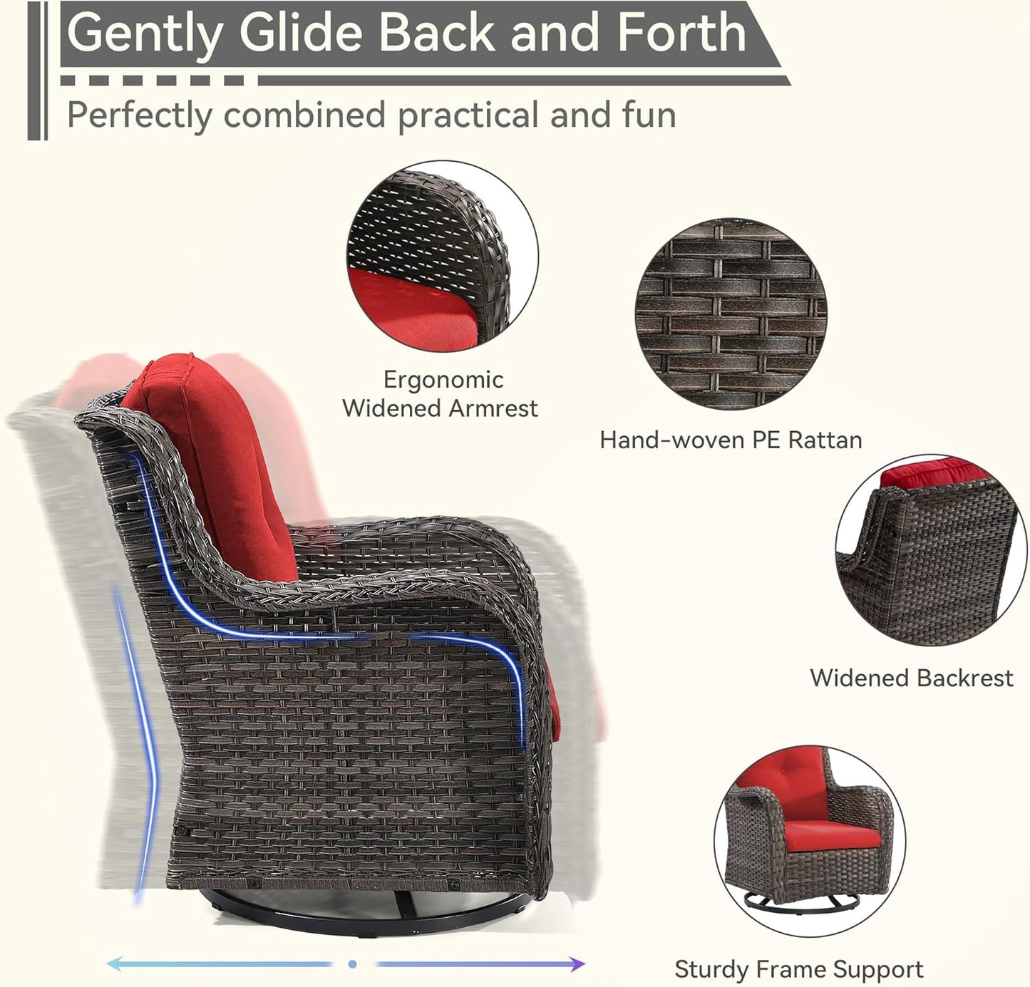 3 Pieces Outdoor Furniture Set - Patio Wicker Swivel Rocker Chair Set of 2 and 1 Side Table, Red, Mixed Brown Rattan, Suitable for Porch, Yard