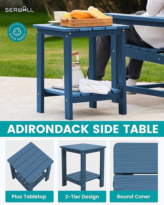 SEWRWALL 3 Pieces Patio Bistro Set, All Weather Adirondack Chair Set with Side Table, HDPE Material Outdoor Patio Furniture Set for Balcony, Porch, Garden, Backyard- Navy