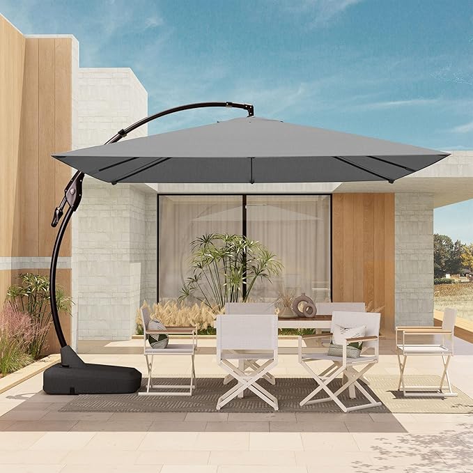 Grand patio 10X10 FT Sunbrella Offset Umbrella with Base Outdoor Square Aluminum Cantilever Umbrella Shade with Easy Tilt Adjustment (Charcoal, 10X10 FT-SUNBRELLA)