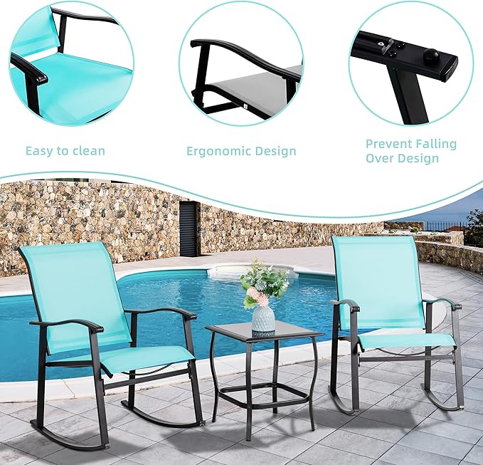 Vongrasig 3 Piece Outdoor Rocking Bistro Set, Textilene Fabric Small Patio Furniture Set, Front Porch Rocker Chairs Conversation Set with Glass Table for Lawn, Garden, Balcony, Poolside (Blue)