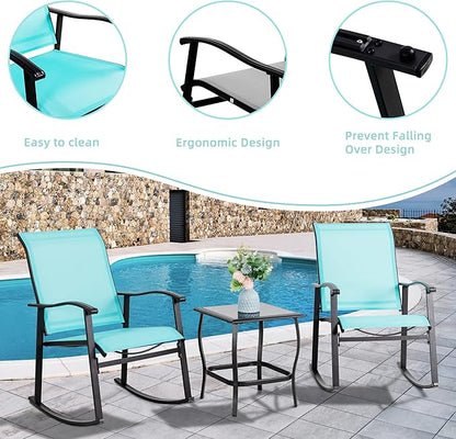 Vongrasig 3 Piece Outdoor Rocking Bistro Set, Textilene Fabric Small Patio Furniture Set, Front Porch Rocker Chairs Conversation Set with Glass Table for Lawn, Garden, Balcony, Poolside (Blue)