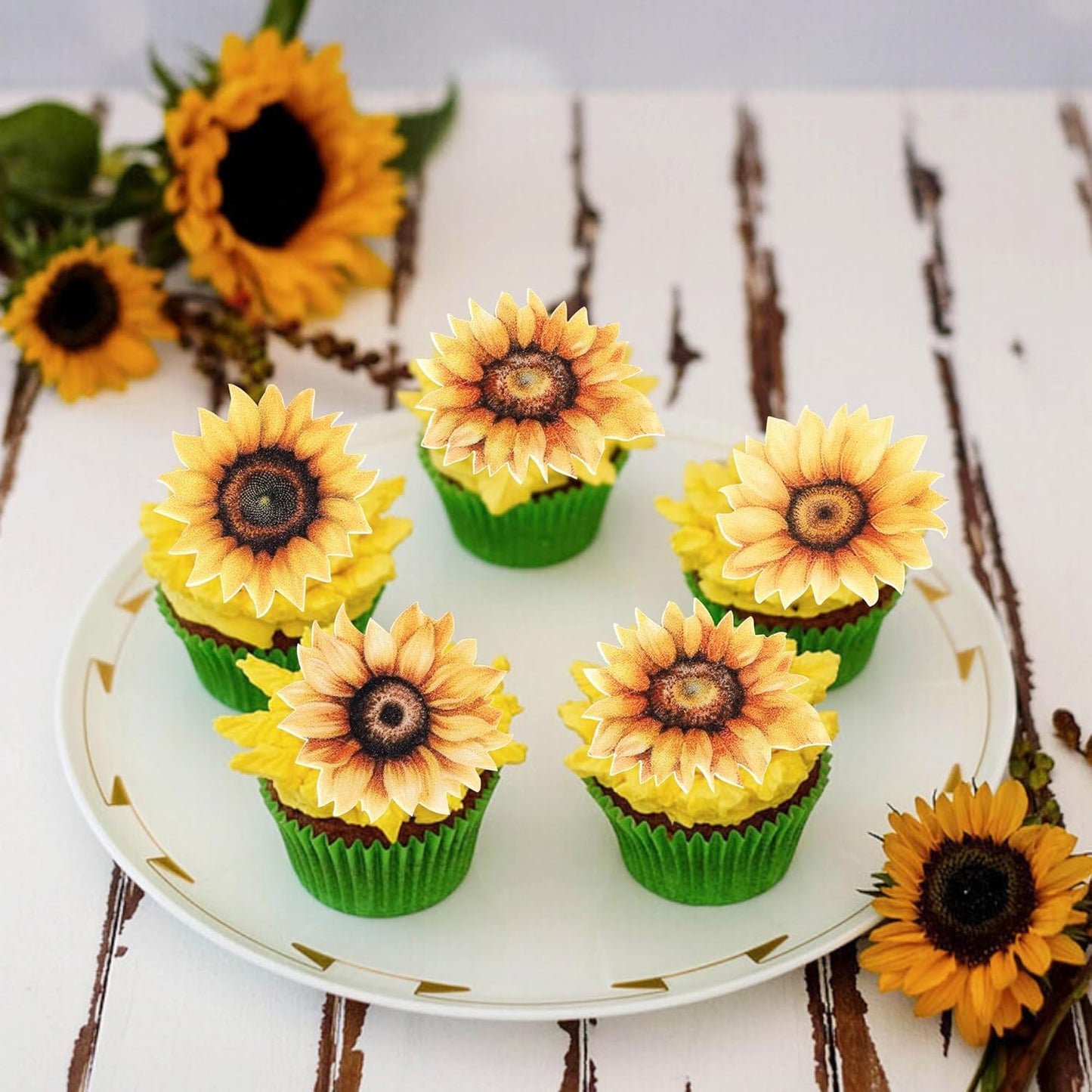60 PCS Edible Sunflower Cupcake Toppers Wafer Paper Flowers Cake Decorations Edible Sunflower Party Decorations for Baby Shower Sunflowers Birthday Party Cake Toppers Food Decorations Supplies