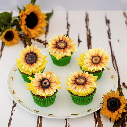 60 PCS Edible Sunflower Cupcake Toppers Wafer Paper Flowers Cake Decorations Edible Sunflower Party Decorations for Baby Shower Sunflowers Birthday Party Cake Toppers Food Decorations Supplies