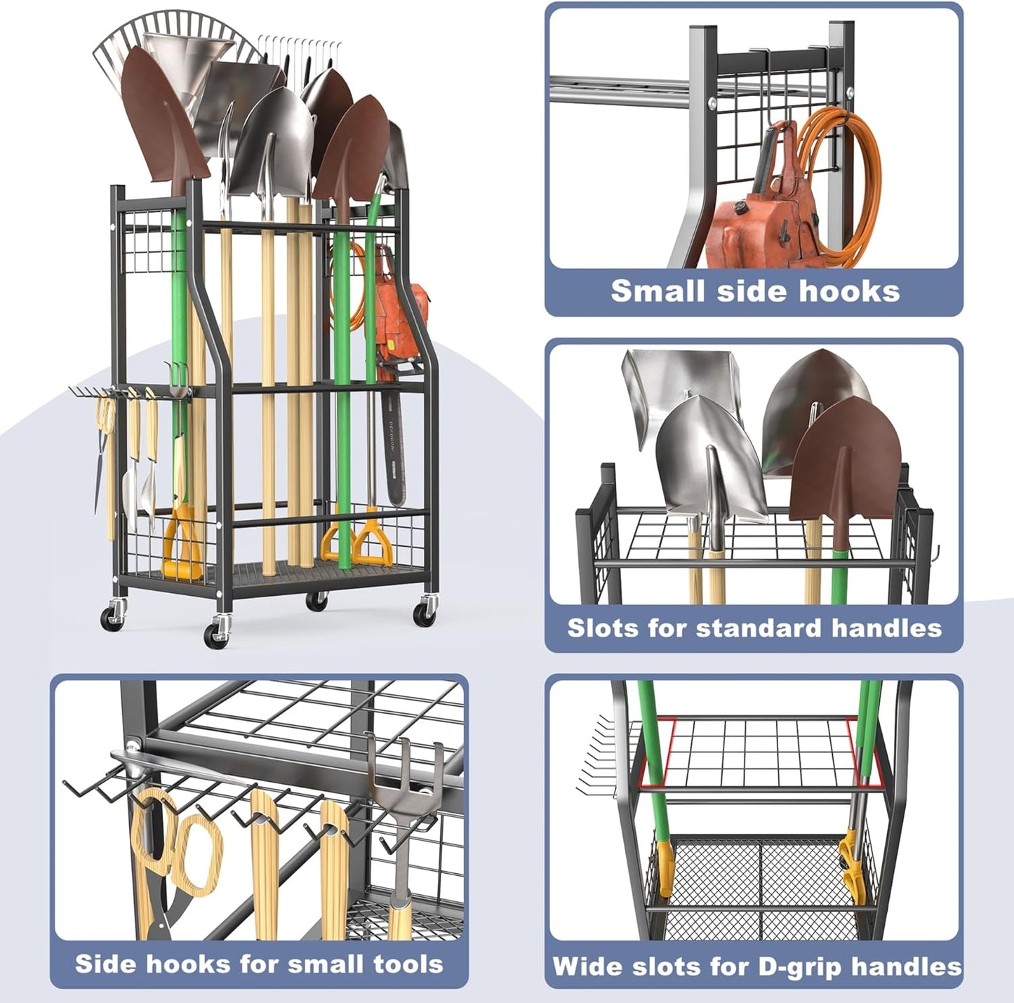 WALMANN Garden Tool Organizer with Wheels for Garage, Rakes/Shovels/Yard Tools Storage Stand for Garden, Shed, Indoor/Outdoor Long-Handled Tools Rolling Cart