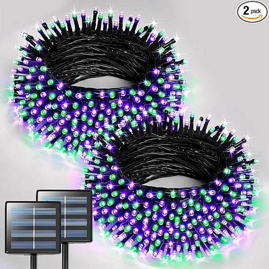 JMEXSUSS 2 Pack Purple and Green Halloween Lights, Total 400 LED 151FT Solar Halloween Lights Outdoor Waterproof, 8 Modes Solar Christmas String Light for Outside Tree Patio Decorations