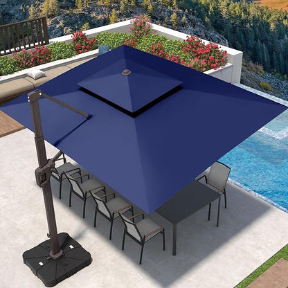 9' X 12' Cantilever Patio Umbrella with Base Included 360°Rotation Rectangular Outdoor Large Offset Umbrellas Double Top Heavy Duty Windproof for Garden Deck Pool, Navy