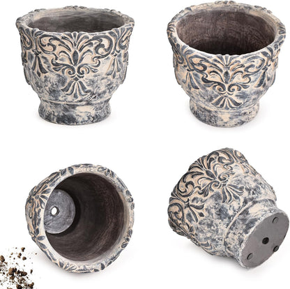 Sungmor 7.3 Inch Cement Plant Pot for Plants, Succulent Planter with Embossed Design, Vintage Concrete Flowerpots with Drainage Hole, Decorative Orchid Houseplant Pot Indoor Outdoor Plant Container