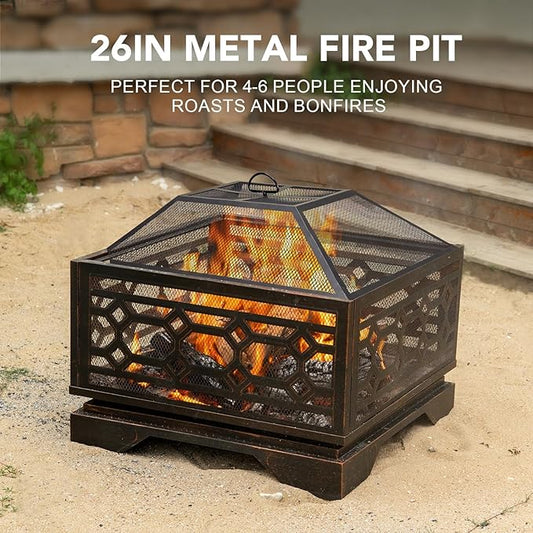 Outdoor Fire Pit, 26 Inch Wood Burning Firepit for Outside with Mesh Cover & Fire Poker, Large Square Metal Fireplace for Patio, Backyard, Garden, Bonfire Party