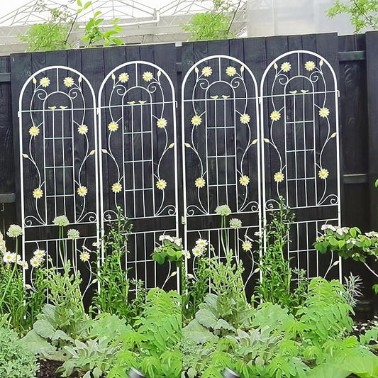 4 Pack Metal Garden Trellis 86.7" H Garden Fence Rustproof Trellis Cream White for Climbing Plants Support Roses Flower Cucumber Outdoor Lawn, White