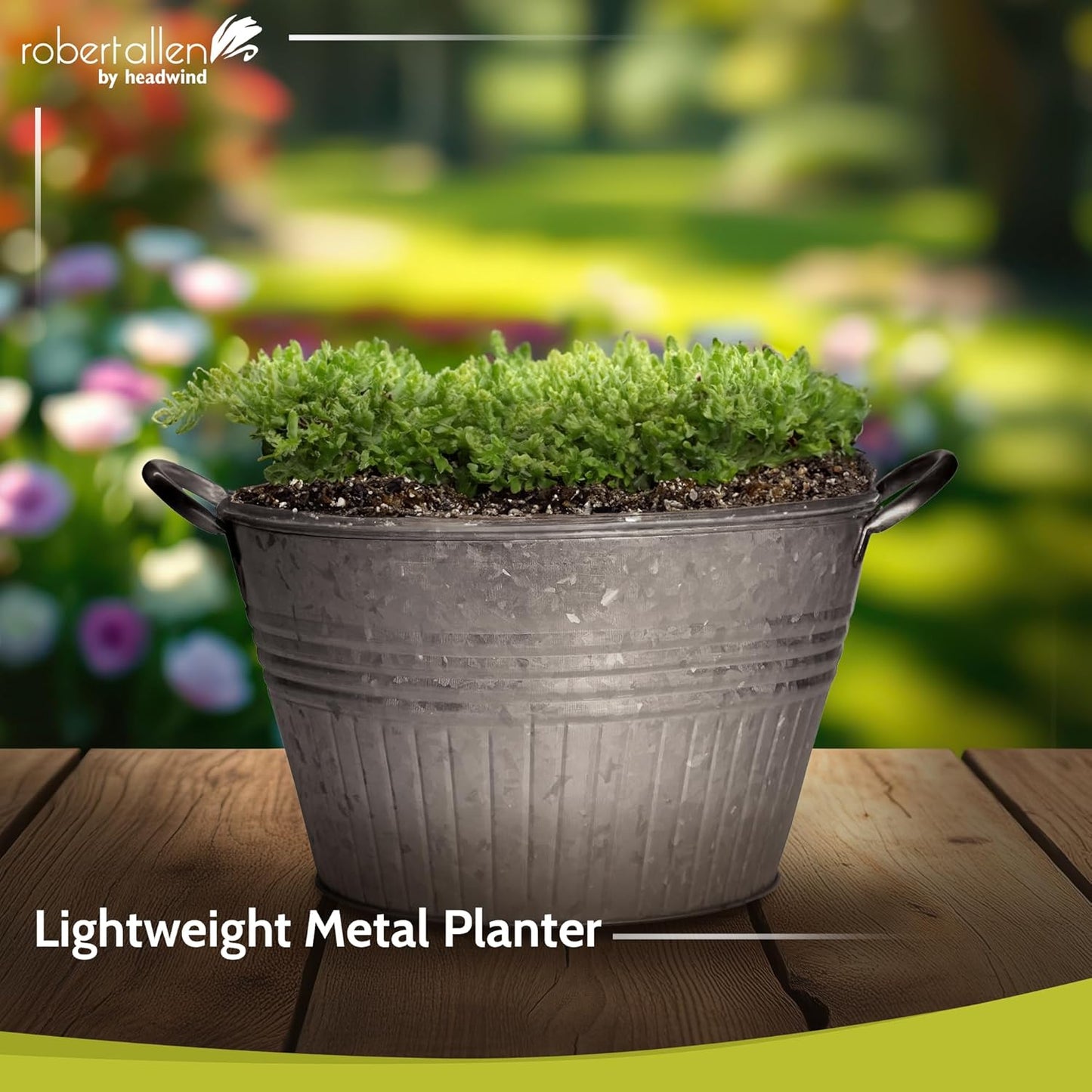 Headwind Round Galvanized Tub Planter with Handles – 14 Inch Lightweight Metal Planter with Drainage Hole – Galvanized Steel Tub for Plants - Metal Flower Pot by Robert Allen