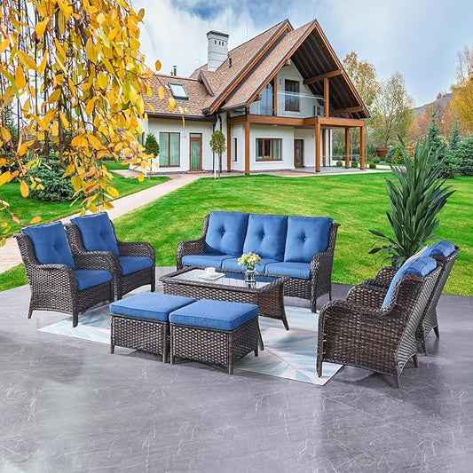 Rilyson Wicker Patio Furniture Chairs Set - 8 Piece Rattan Outdoor Patio Sectional Conversation Sets with 1 Sofa,4 Armrest Chairs,1 Coffee Table and 2 Ottomans for Porch Deck Garden(Brown/Blue)