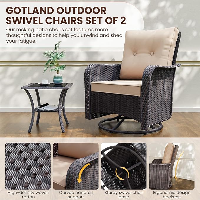 Gotland 3 Pieces Patio Set, Outdoor Swivel Chairs Set of 2 with 4'' Waterproof Cushions High Back Double-Layer Side Table, Wicker Rocking Patio Chairs Set of 2 for Balcony, Porch, Garden
