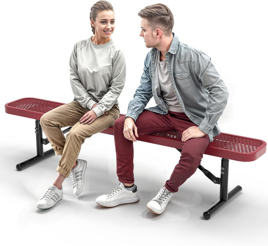 Heavy-Duty Outdoor Metal Bench, Thermoplastic-Coated, Portable, Weatherproof, Commercial-Grade for Parks, Gardens, Patios, Stores & More (6 Ft - Portable, Red)