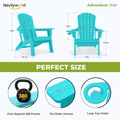 Folding Adirondack Chair - Extended Ergonomic Backrest, Cup Holder - Easy Assembly - Durable HDPE Plastic, Weather Resistant & Maintenance-Free - Lawn, Patio, Deck Supports 380lbs Aruba
