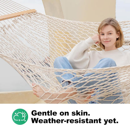 12ft Double Hammocks, Handwoven Traditional Cotton Rope Hammock with Hardwood Spreader Bar, Chains and Hooks for Indoor Outdoor, Max 450 lbs Capacity (Beige, Full)