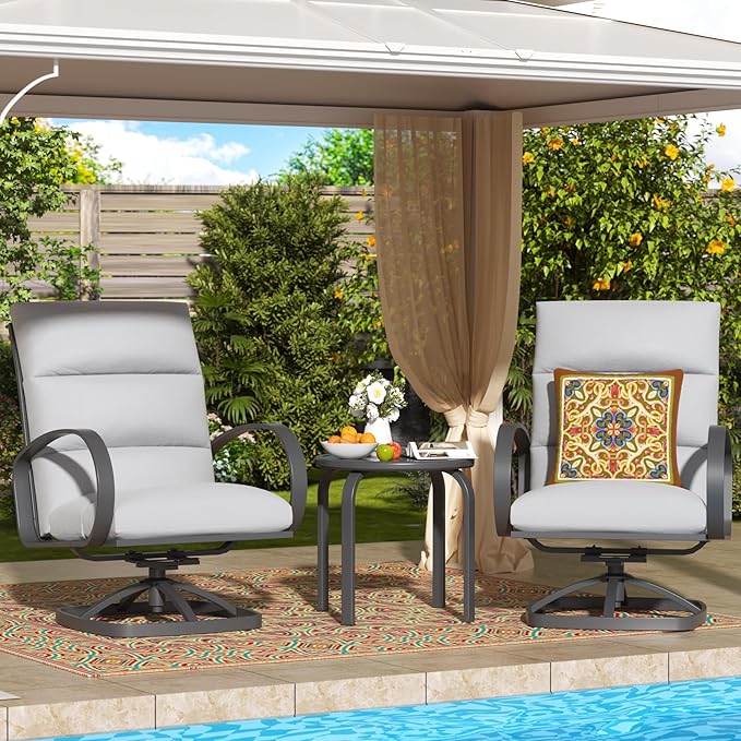 NATURAL EXPRESSIONS Patio Bistro Set, 3 Piece Outdoor Swivel Glider Rocking Chairs, Conversation Furniture with 2 Highback Rockers, 1 Table and 5" Cushion for Backyard,Porch,Yard,350lb. (Grey)