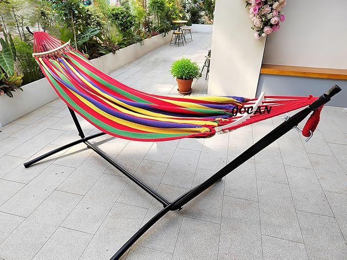 Double Hammock 2 Person Large 220x160cm with Steel Stand and Removable Spreader bar Load 500lb, Canvas Cotton Hammocks for Patio Porch Garden Backyard Outdoor and Indoor,red