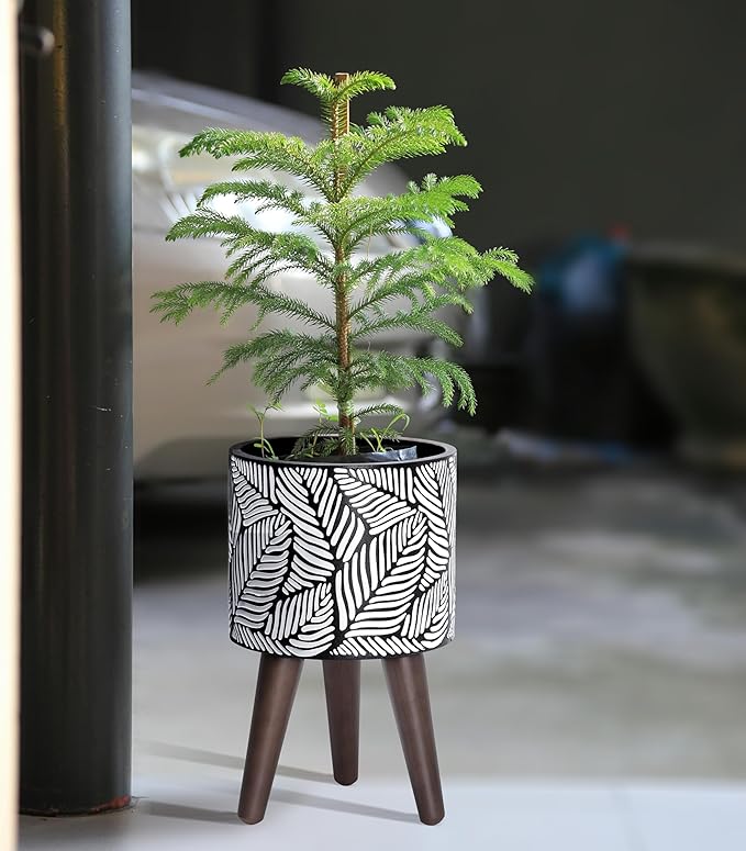 D'vine Dev 8 Inch Planter Pot with Stand, Mid-Century Tall Plant Pot with Legs for Indoor Plants, Small, White/Grey, 88-L-A-7
