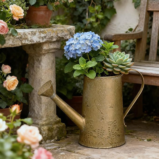 Vintage Distressed Gold Flower & Garden Watering Can, Decorative Metal Watering Pot Planter for Home Patio Backyard Outdoor Plant Care, Rustic Farmhouse Home Decor Accent