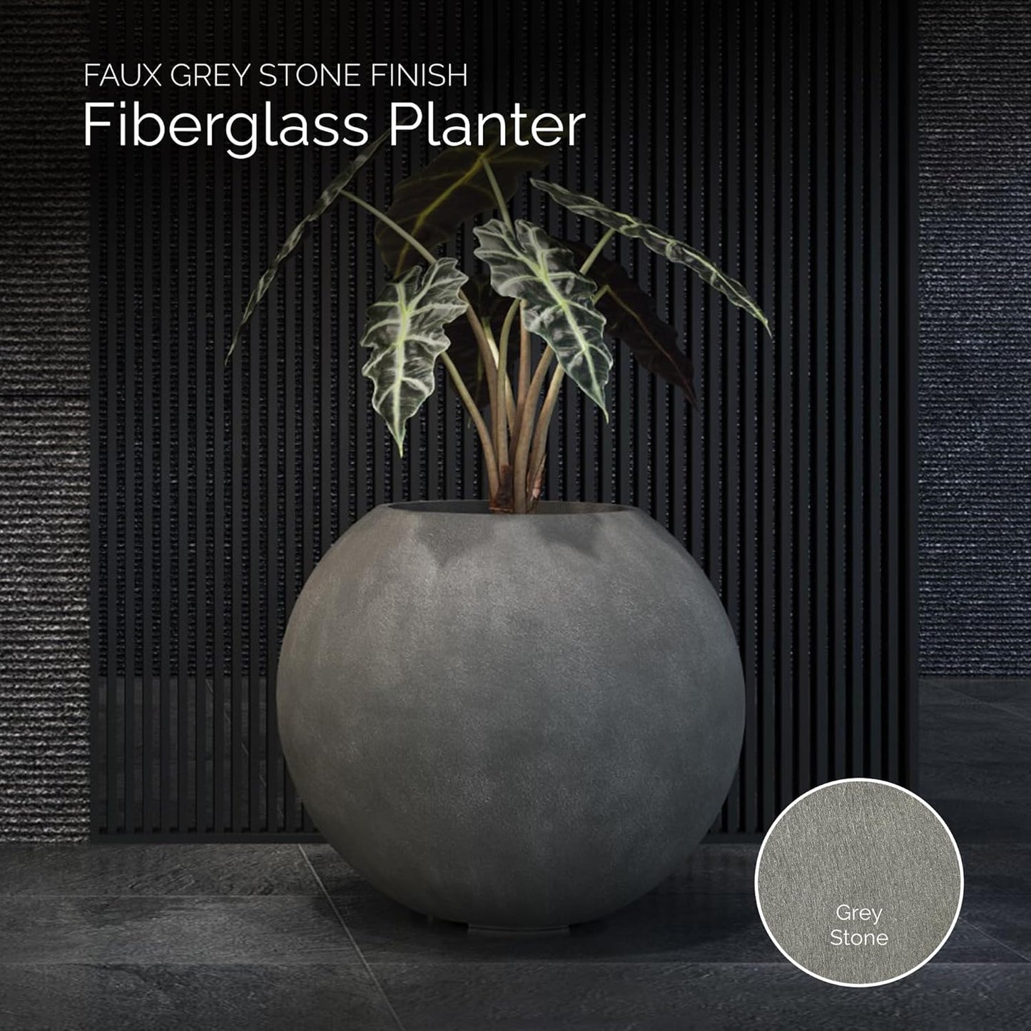 Orbo Globe Sphere Planter – Grey Stone Finish – Fiberglass Indoor/Outdoor and Weather-Resistant Round Planter (23.6" D x 21.1" H Exterior, 23.2" D x 20.5" H Interior)