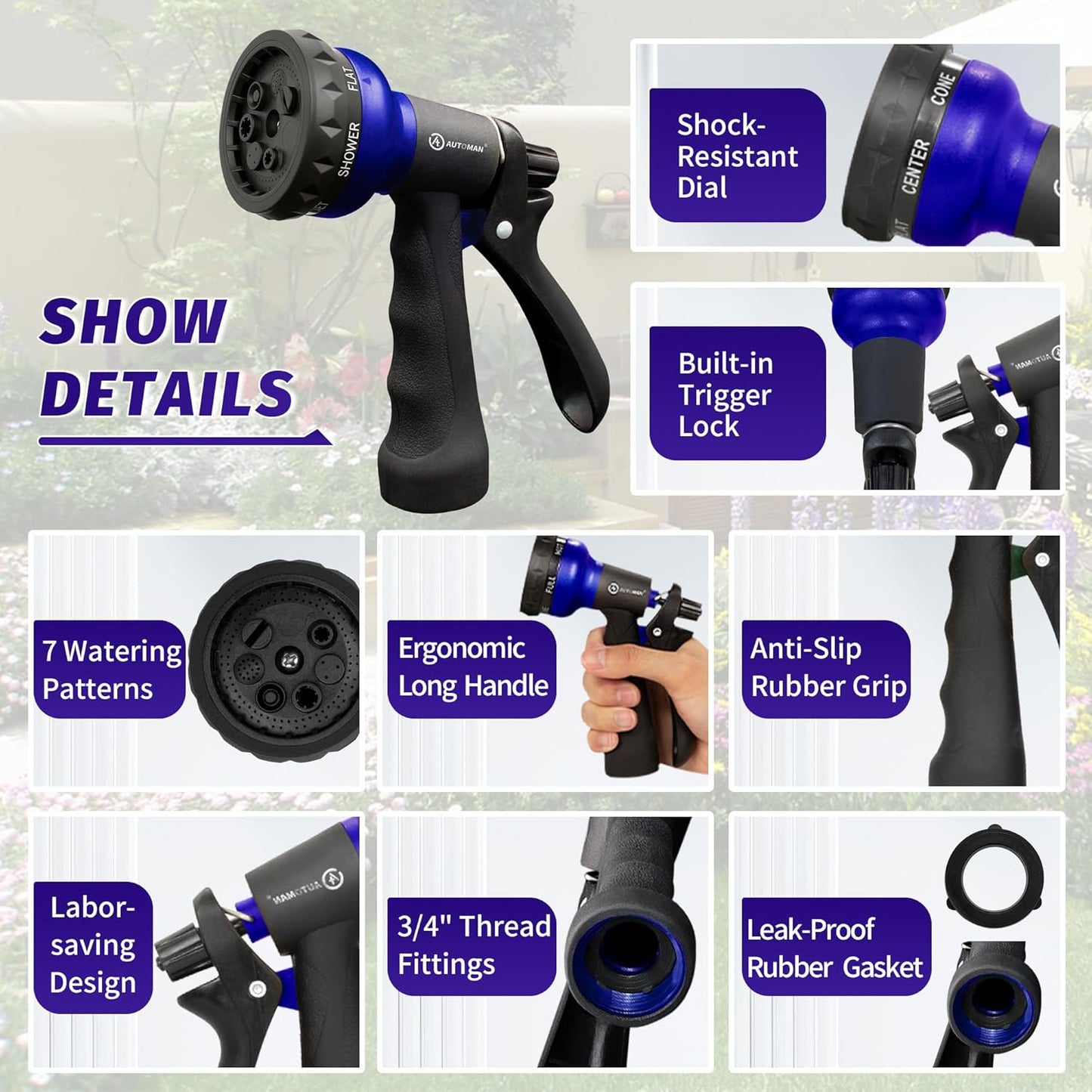 AUTOMAN Garden Hose Nozzle, Water Sprayer Nozzle with 7 Adjustable Watering Patterns,Slip Resistant Nozzle for Plants,Lawn,Washing Cars,Window Cleaning,Showering Pets & Outdoor Fun.