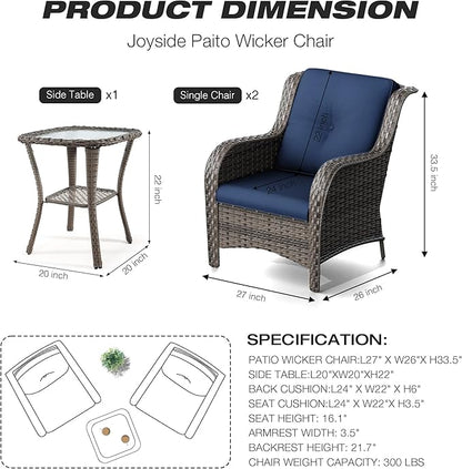 Joyside Patio Bistro Set Wicker Chairs - 3 Piece Outdoor Rattan Conversation Set with 2 Armrest Chair and 1 Side Table for Proch Deck Garden Backyard Balcony(Mixed Grey/Blue)