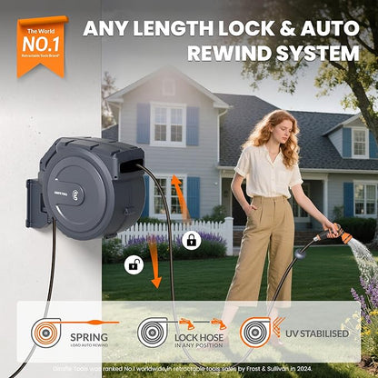Giraffe Tools AW30 Retractable Garden Hose Reel 5/8inch x 62ft Hose Reels for Outside, with 9- Function Sprayer Nozzle, Any Length Lock/Slow Return System/Wall Mounted/180°Swivel Bracket